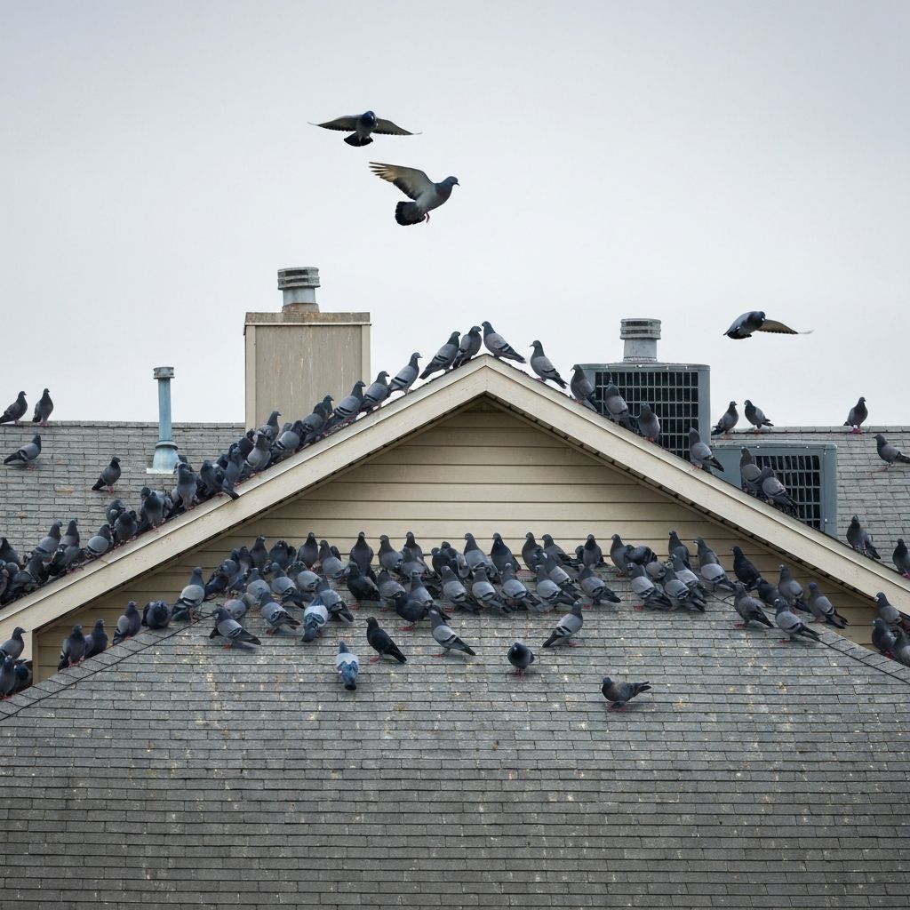 Pigeons roosting and nesting on a residential rooftop