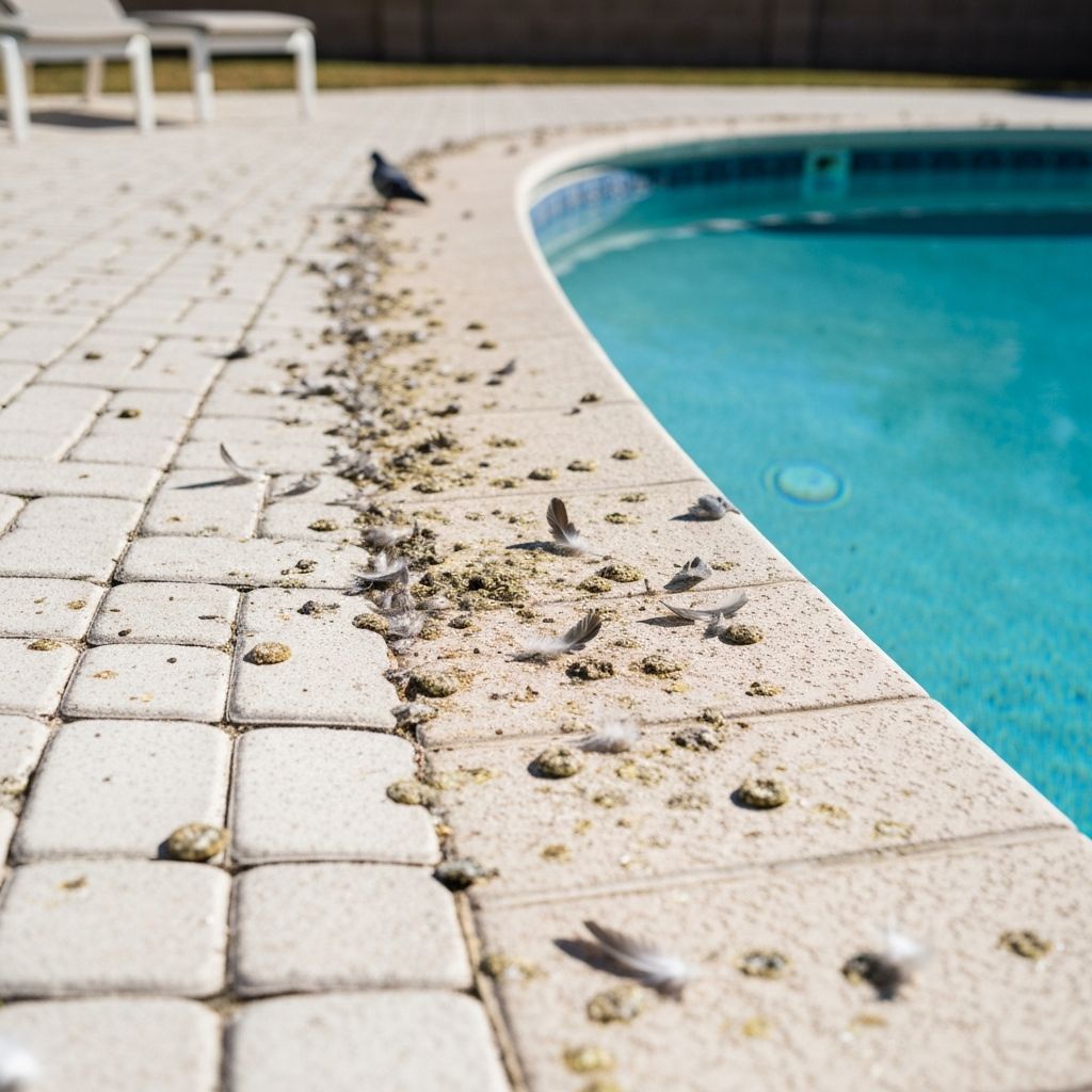 Pigeon droppings on pool deck and pavers